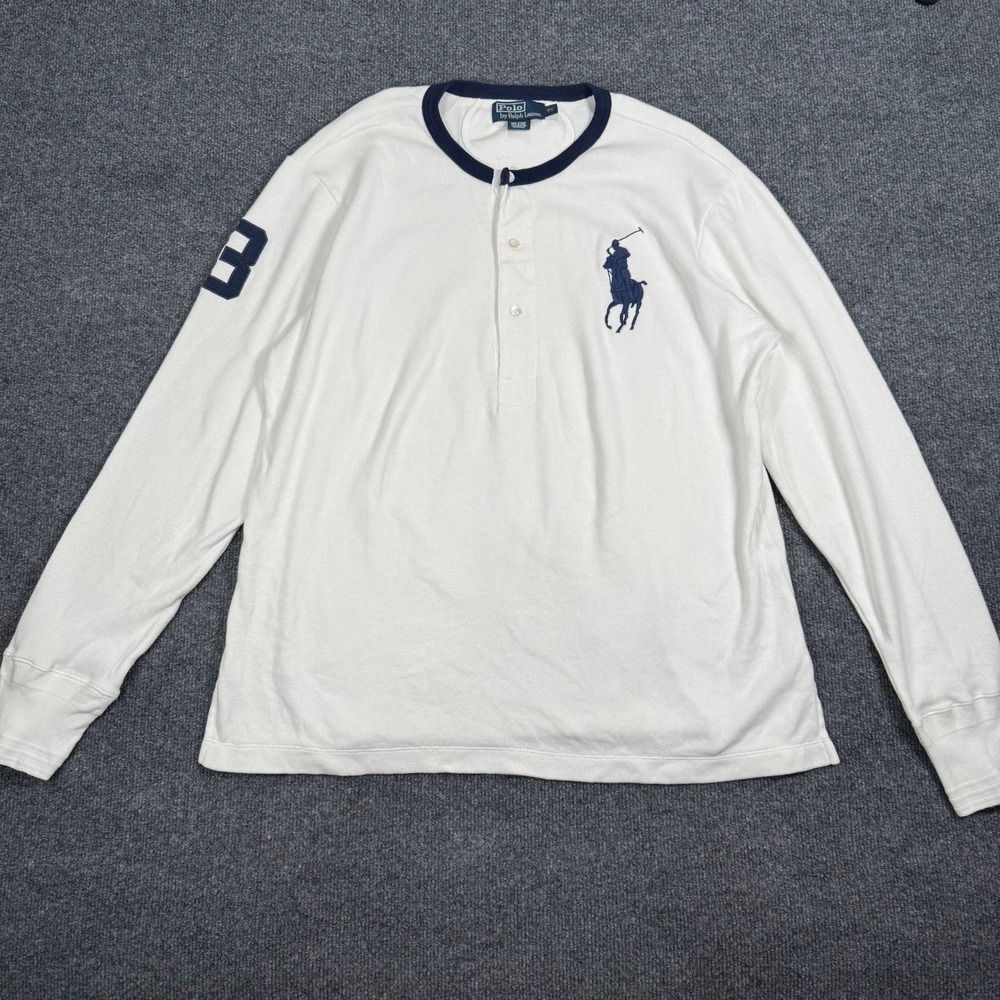 VTG Polo Ralph Lauren Henley Shirt Mens Size XL White Big Pony Long Sleeve Navy